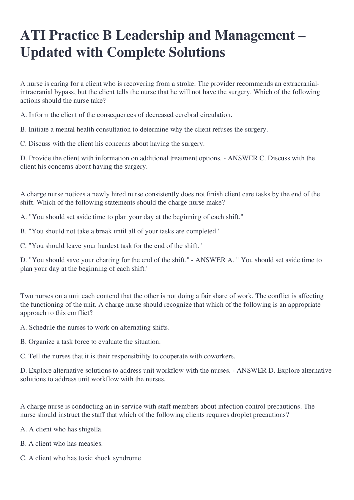 Preview image for ATI Practice B Leadership and Management – Updated with Complete Solutions